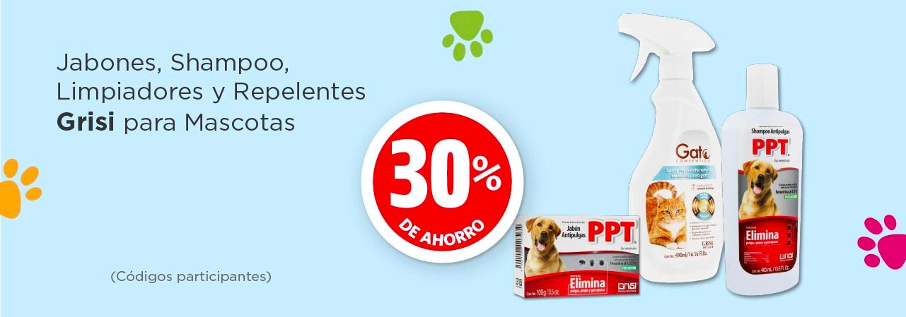 Jabones, Shampoo, limpiadores y Repelentes Grisi para mascotas 30% de ahorro